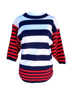 Marlene Nautical Stripe Sweater (Small) – Navy, Cream & Red, Boat Neck, 1980s